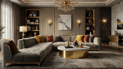 A large, gray sectional sofa with colorful throw pillows, a gold coffee table, and bookshelves in a sophisticated, warm-toned living room.