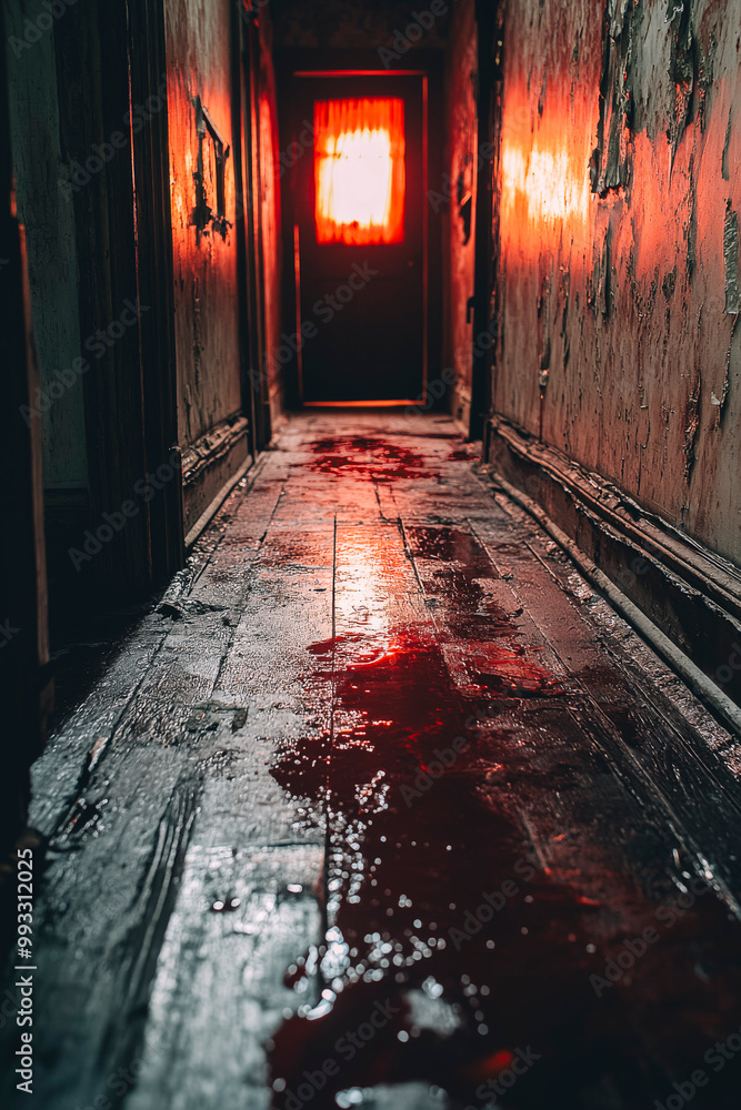 Eerie Hallway with Red Light and Shadowy Ambience Eerie Hallway with Red Light and Shadowy Ambience