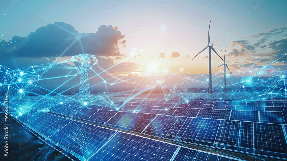 Solar Panels with Wind Turbines at Sunset