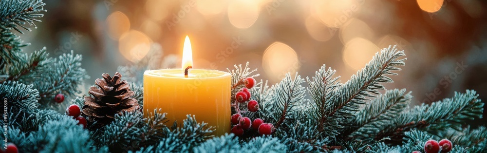 Advent wreath with one lit candle surrounded by Christmas decor and evergreen branches Advent wreath with one lit candle surrounded by Christmas decor and evergreen branches