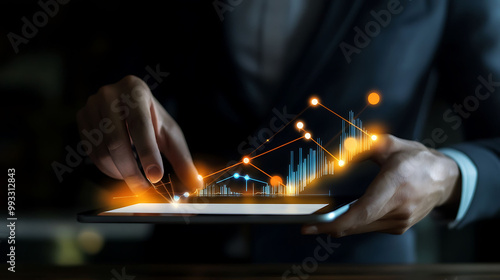 A businessman using a tablet to analyze data with glowing graphs and charts.