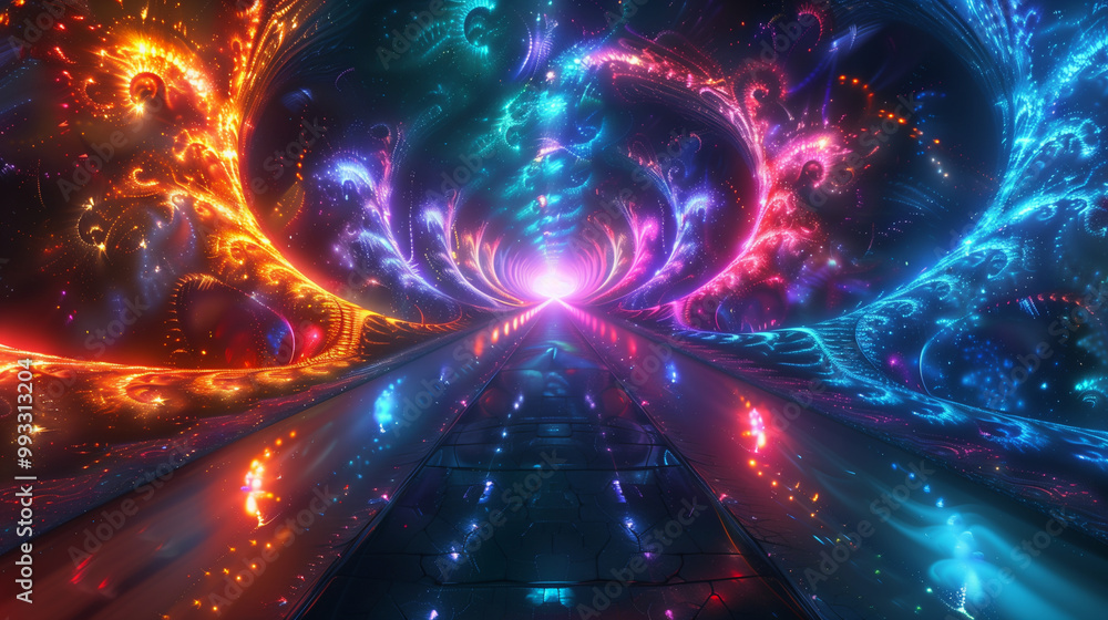 Obraz premium Vibrant fractal energy tunnel in glowing neon hues