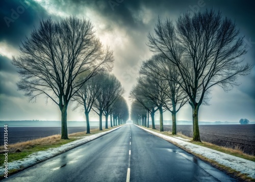 Roadside trees stand like sentinels along a desolate highway that vanishes into the distance beneath a somber grey sky on a winter morning.