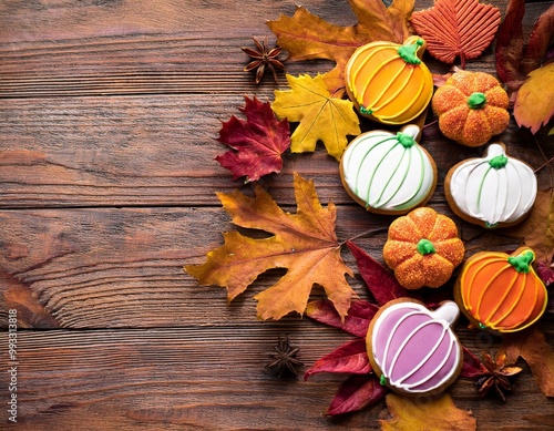 Fall, Halloween inspired cookies on wooden background photo