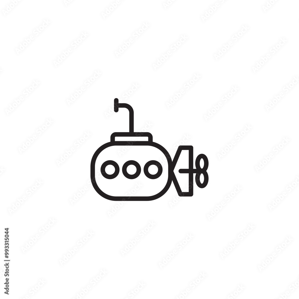 A submarine on icon. A line drawing of a submarine with viewports and propellers, symbolizing underwater exploration, adventure, or naval technology. Editable icon. A submarine on icon. A line drawing of a submarine with viewports and propellers, symbolizing underwater exploration, adventure, or naval technology. Editable icon.