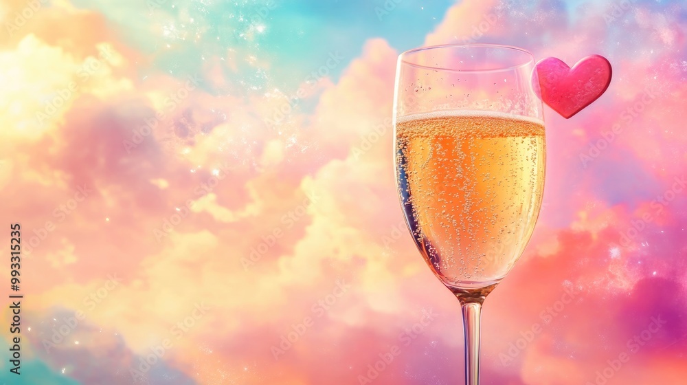 A champagne glass accompanied by a heart shaped cloud in a pastel sky representing a love theme with a vibrant and colorful abstract background for Valentine s Day A champagne glass accompanied by a heart shaped cloud in a pastel sky representing a love theme with a vibrant and colorful abstract background for Valentine s Day