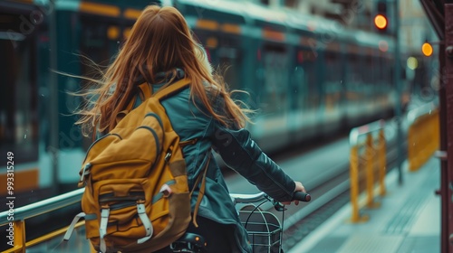 Woman with Backpack Biking Near Train Station in Urban Setting