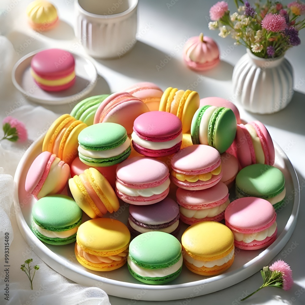 colorful macarons arranged neatly on a white ceramic plate. colorful macarons arranged neatly on a white ceramic plate.