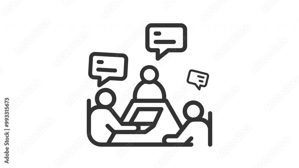 Animated meeting with three people having a discussion and working together at a table. Teamwork, collaboration, business meeting, brainstorming, team communication concept Animated meeting with three people having a discussion and working together at a table. Teamwork, collaboration, business meeting, brainstorming, team communication concept