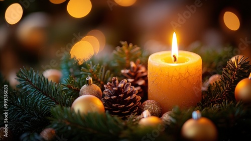 Advent wreath with one lit candle surrounded by Christmas decor and evergreen branches