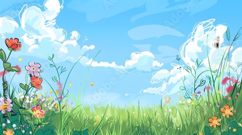 Cheerful Cartoon Landscape Featuring Blue Sky, Stylized Clouds, and Grassy Field Filled with Colorful Flowers