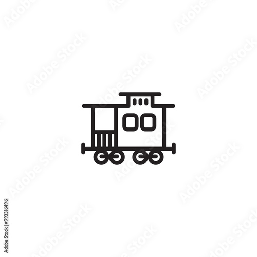 A line drawing of a train caboose. Icon representing a train caboose. A minimalist illustration of a train caboose with four wheels, two windows, and a distinctive roof. Editable icon.