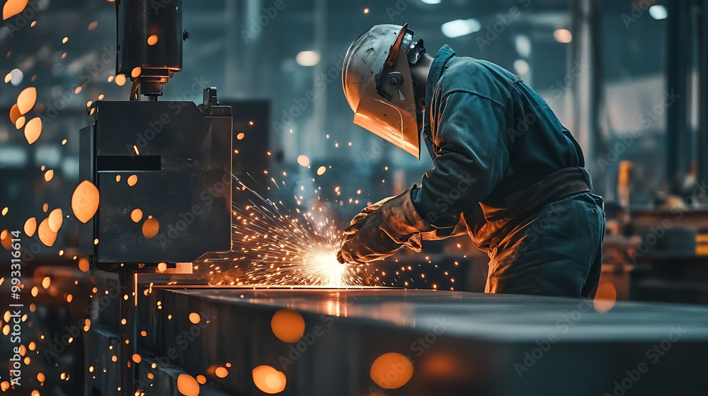 A welder works on a metal beam in a factory, sparks flying from his torch. A welder works on a metal beam in a factory, sparks flying from his torch.
