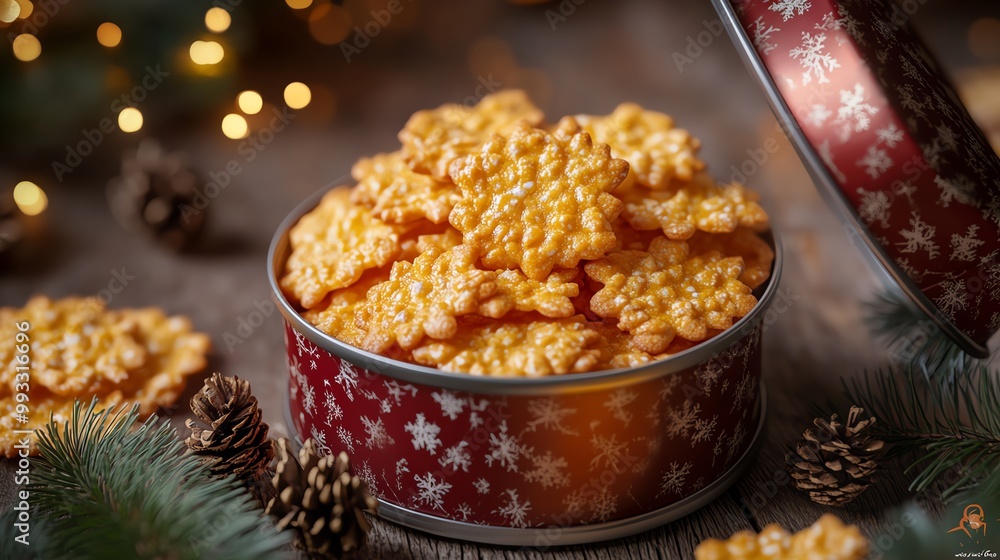 Christmas snowflake cookies in a festive tin. Christmas snowflake cookies in a festive tin.