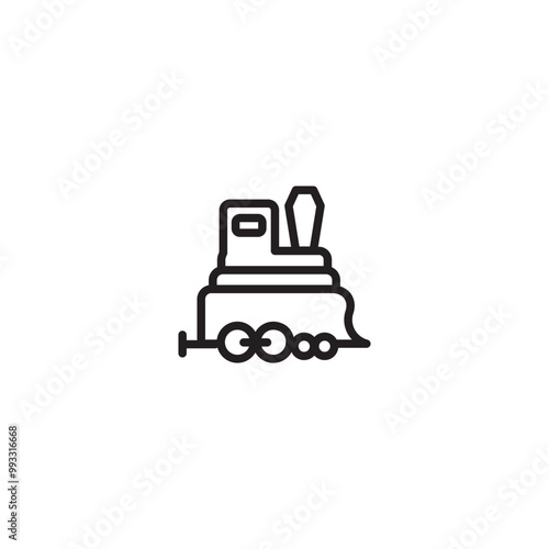 A whimsical line drawing of a toy train with a chimney and rounded wheels. A minimalist illustration of a toy train with a chimney, three wheels, and a rounded front. Editable icon.