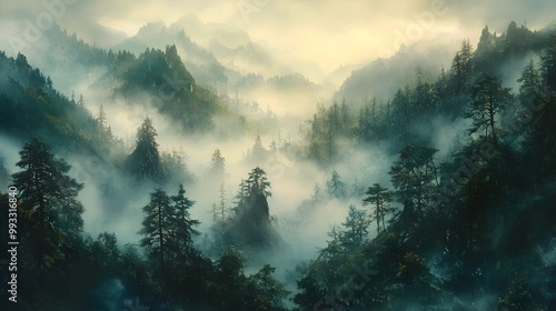 A Misty Mountain Valley with Tall Pine Trees