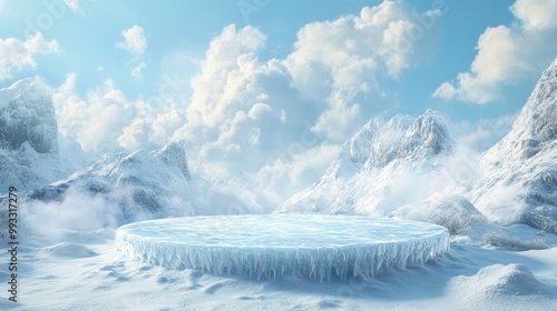 3D ice podium background featuring a snowy winter landscape cold mountain scene frozen blue sky and a cool display platform for products