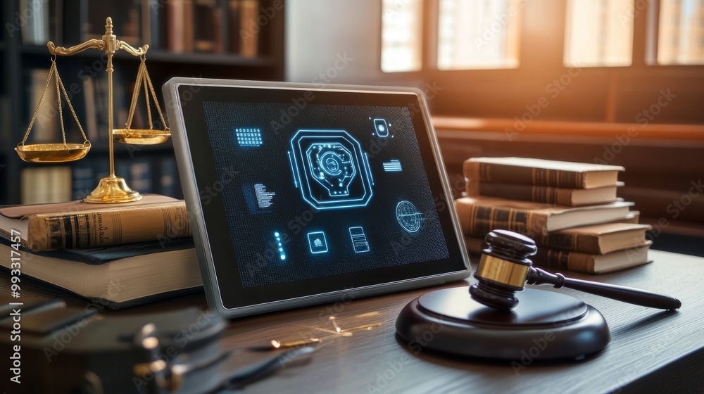 AI regulations document displayed on a digital tablet, surrounded by legal books and a gavel AI regulations document displayed on a digital tablet, surrounded by legal books and a gavel
