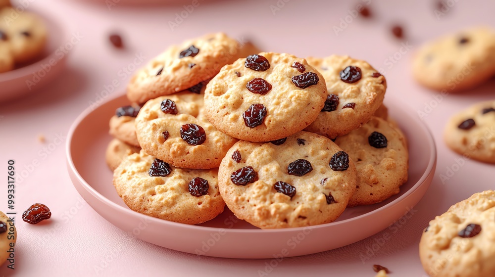 Close-up of a stack of raisin cookies on a pink plate. Close-up of a stack of raisin cookies on a pink plate.
