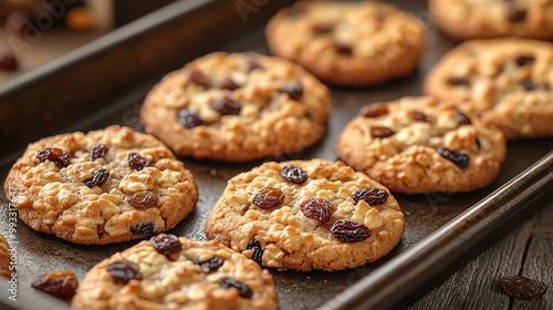 A wooden bowl filled with freshly baked raisin oatmeal cookies.