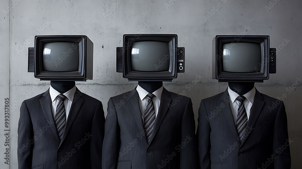 Three faceless businessmen in suits with television sets for heads stand against a concrete wall. Three faceless businessmen in suits with television sets for heads stand against a concrete wall.