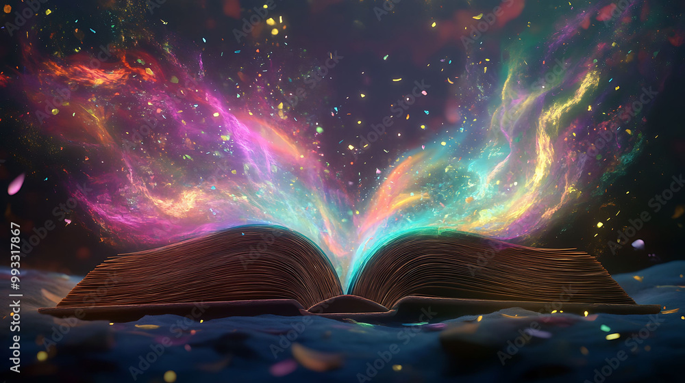 Obraz premium An open book with a glowing, colorful, magical aura emanating from its pages, signifying knowledge, wisdom, and imagination.