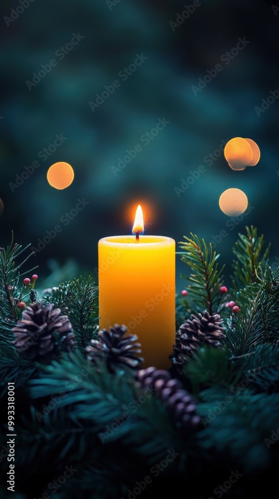 Advent wreath with one lit candle surrounded by Christmas decor and evergreen branches Advent wreath with one lit candle surrounded by Christmas decor and evergreen branches