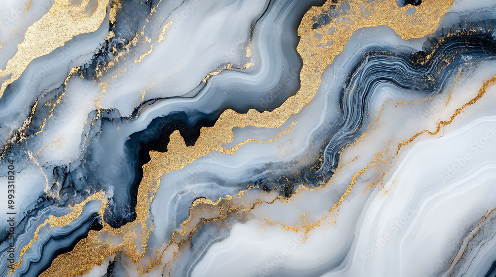 Abstract liquid art background with blue and white waves and gold accents. Abstract liquid art background with blue and white waves and gold accents.
