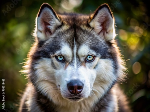 Intense Expression of an Angry Husky with Piercing Eyes and Fluffy Fur in a Natural Setting