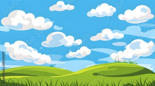 Cheerful Cartoon Landscape Featuring Bright Blue Sky, Fluffy White Clouds, and Soft Rolling Hills of Green Grass