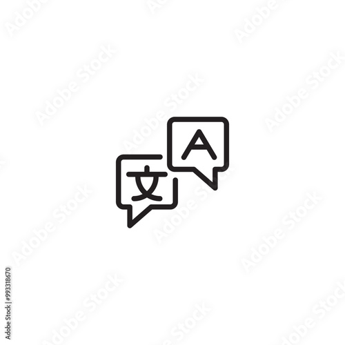 A line drawing of two speech bubbles with different language symbols. Icon representing language translation or interpretation. Editable icon.