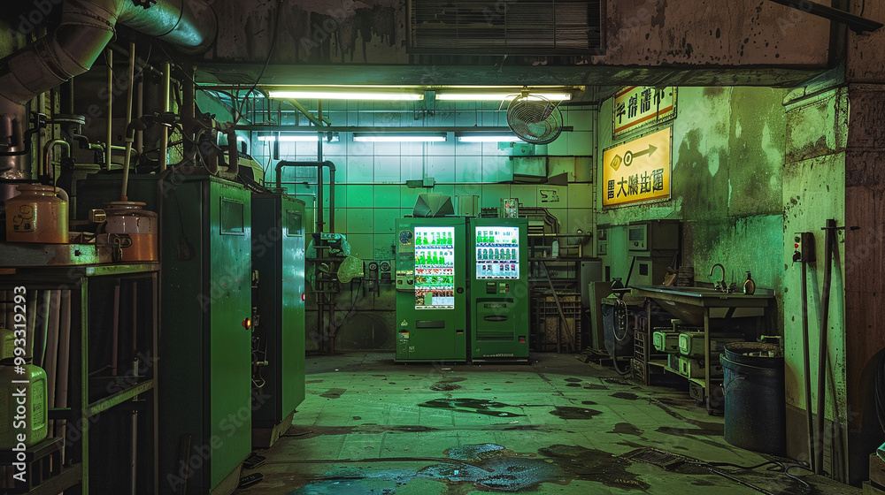 Gritty Industrial Workshop with Vending Machines and Neon Lighting