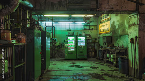 Obraz na płótnie Gritty Industrial Workshop with Vending Machines and Neon Lighting
w salonie