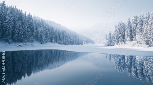 Serene Winter Landscape with Snow Covered Trees and Frozen Lake Reflection