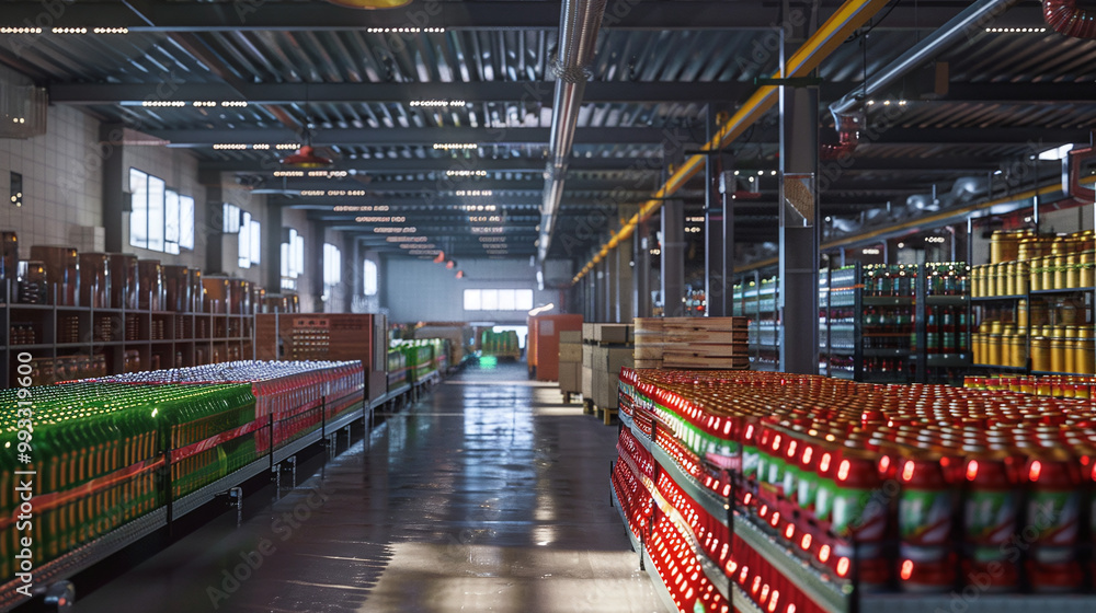 Spacious Warehouse Interior with Organized Rows of Bottled Products