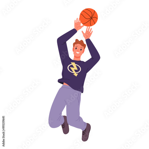Basketball player running and jumping high to catch ball. Happy guy playing street ball, male athlete training to enjoy outdoor fun exercises and game with team of friends cartoon vector illustration