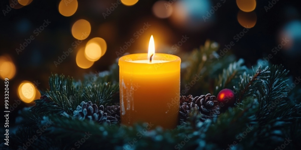 Advent wreath with one lit candle surrounded by Christmas decor and evergreen branches Advent wreath with one lit candle surrounded by Christmas decor and evergreen branches