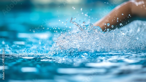 Dynamic hand movement creating splashes in a clear pool of blue water.