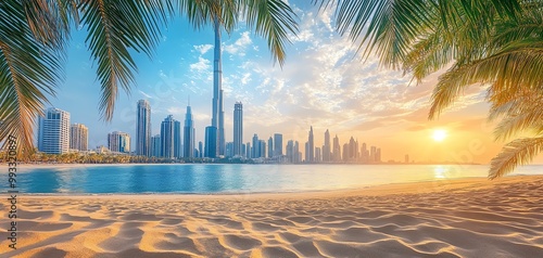 Dubai skyline during sunset, with palm trees framing the sandy beach. photo