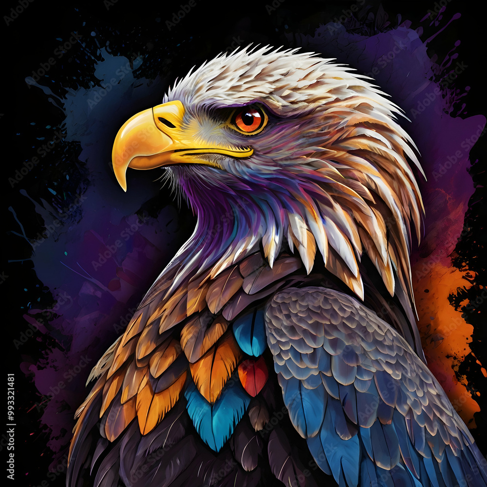 Fototapeta premium This stunning illustration features an eagle perched gracefully on a branch, its brilliant plumage radiating with a vibrant mix of colors. Its sharp, fiery orange eyes stand out against a dark