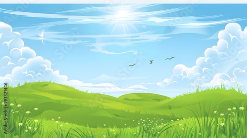 Wallpaper Mural Cartoon Landscape Featuring a Sunny Sky, Puffy Clouds Floating Above, and a Lush Green Grassy Field with Gentle Hills Torontodigital.ca
