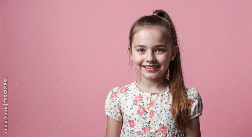 Happy young Caucasian girl with ponytail wearing floral dress on plain pink background Happy young Caucasian girl with ponytail wearing floral dress on plain pink background