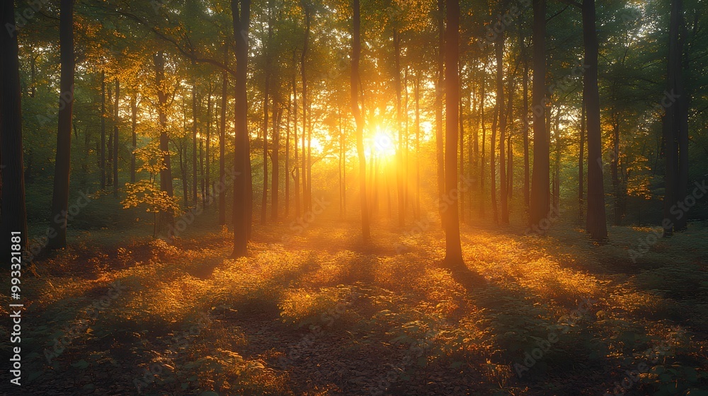 Obraz premium Golden sunlight filtering through the trees