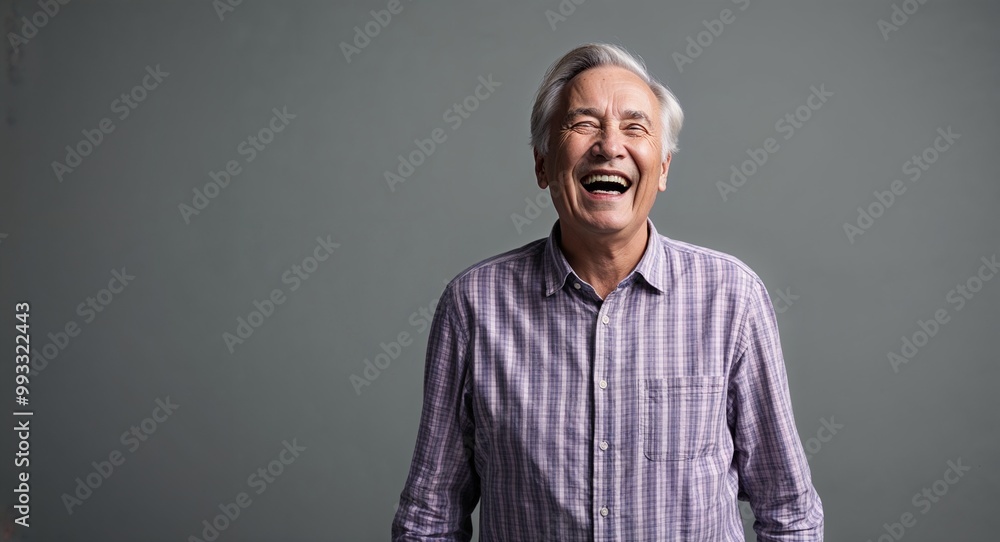 Obraz premium Laughing elderly Caucasian man wearing plaid shirt on plain grey background