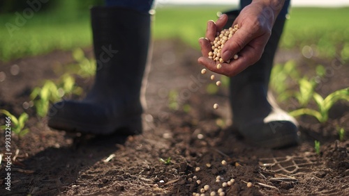 Agriculture. Hand planting a grain of soybeans. Farm man crop concept. Farmer planting a field of peas. Farmer planting lifestyle soybeans and peas field by. hand. agriculture business farm concept. photo