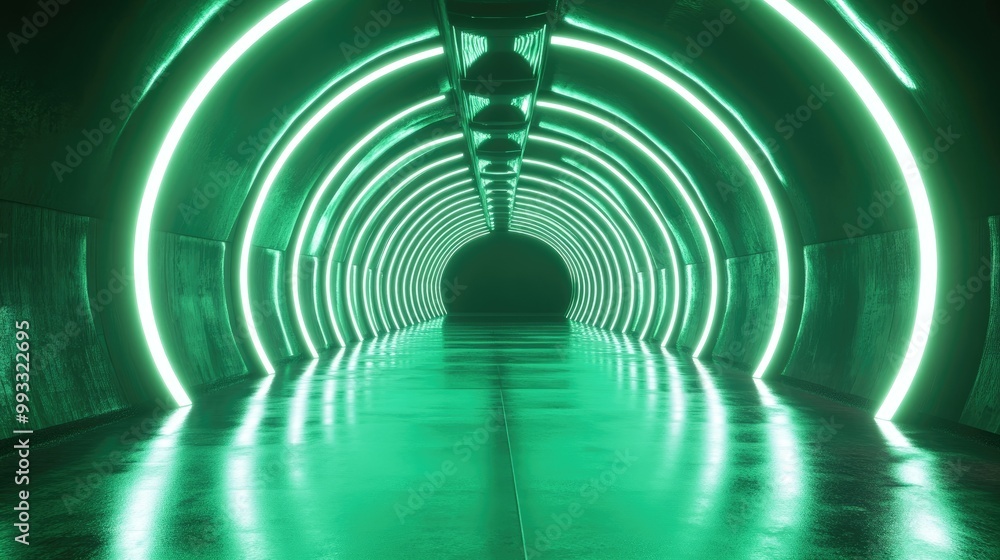3D render featuring green neon lights in a circular tunnel creating an abstract geometric backdrop 3D render featuring green neon lights in a circular tunnel creating an abstract geometric backdrop