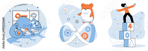 Soft skills. A chameleon adapting on a branch, a hamster on an infinity symbol, and a person balancing on blocks. Ideal for adaptability, perseverance, continuous improvement, balance