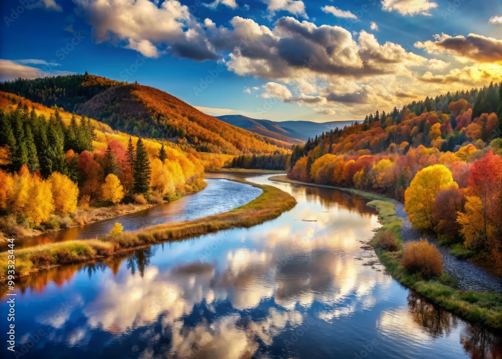 River's S-Curve mirrors rustic autumnal tones of surrounding hillsides under clear blue skies with wispy clouds at dawn.