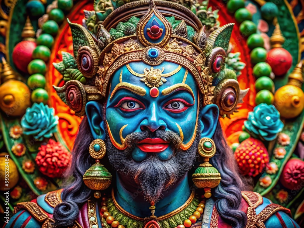 Intricate depiction of a Hindu god representing evil, showcasing detailed features and vibrant colors Intricate depiction of a Hindu god representing evil, showcasing detailed features and vibrant colors