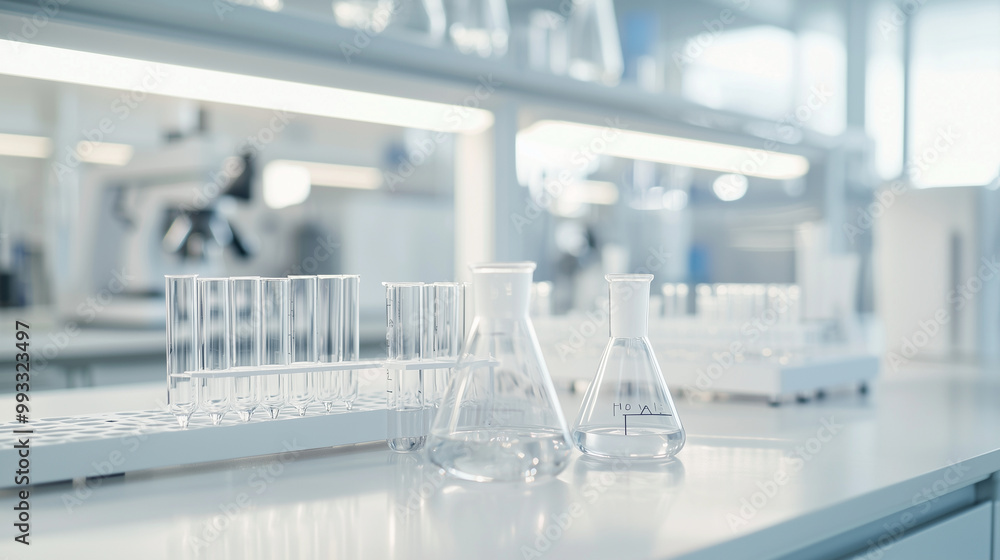 A close-up view of a laboratory workbench featuring neatly organized test tubes, beakers, and specialized lab equipment, with a focus on precision instruments and the glint of glas A close-up view of a laboratory workbench featuring neatly organized test tubes, beakers, and specialized lab equipment, with a focus on precision instruments and the glint of glas